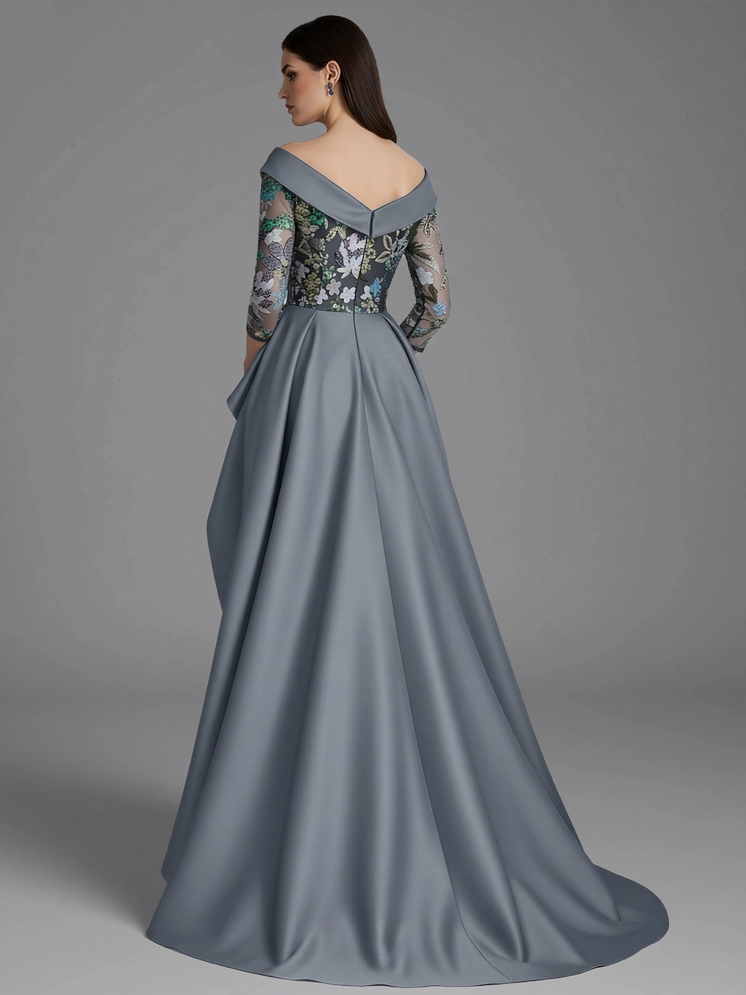 Sophisticated Sheath Long Sleeve V Neck Satin Overskirt Floor-Length Mother Of The Bride Dress