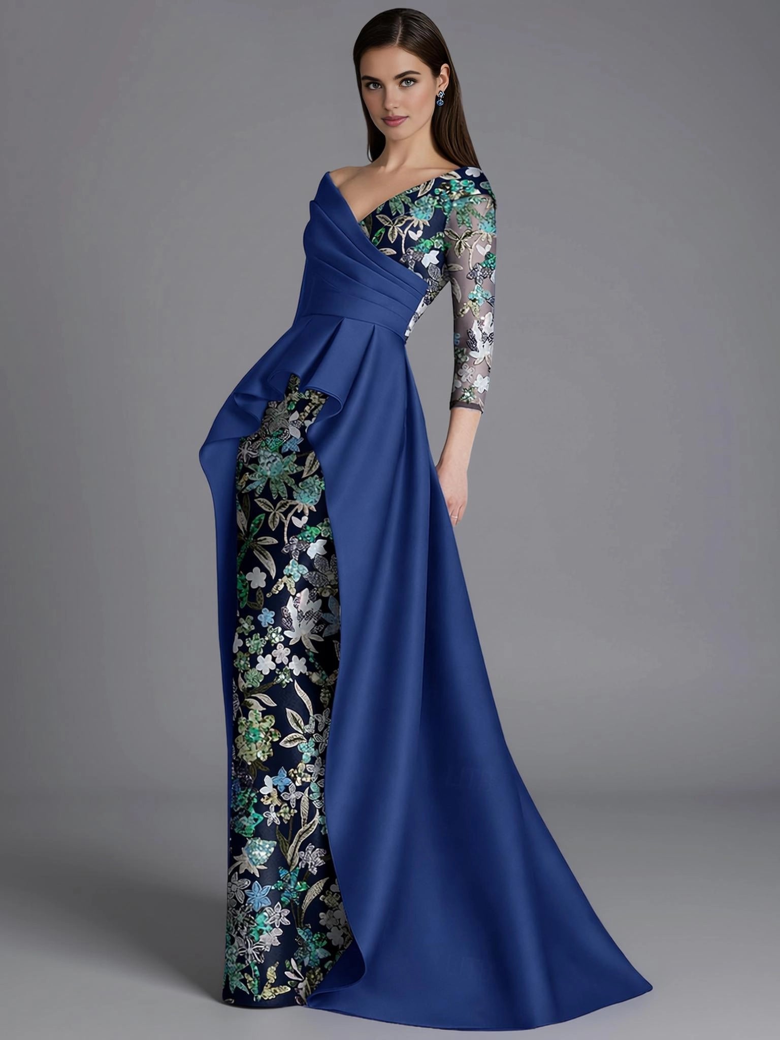 Sophisticated Sheath Long Sleeve V Neck Satin Overskirt Floor-Length Mother Of The Bride Dress