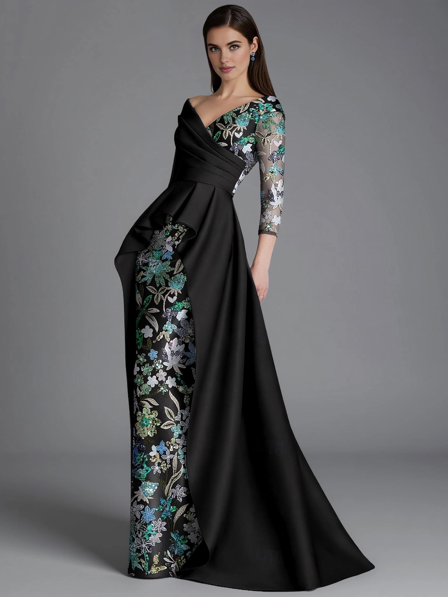 Sophisticated Sheath Long Sleeve V Neck Satin Overskirt Floor-Length Mother Of The Bride Dress