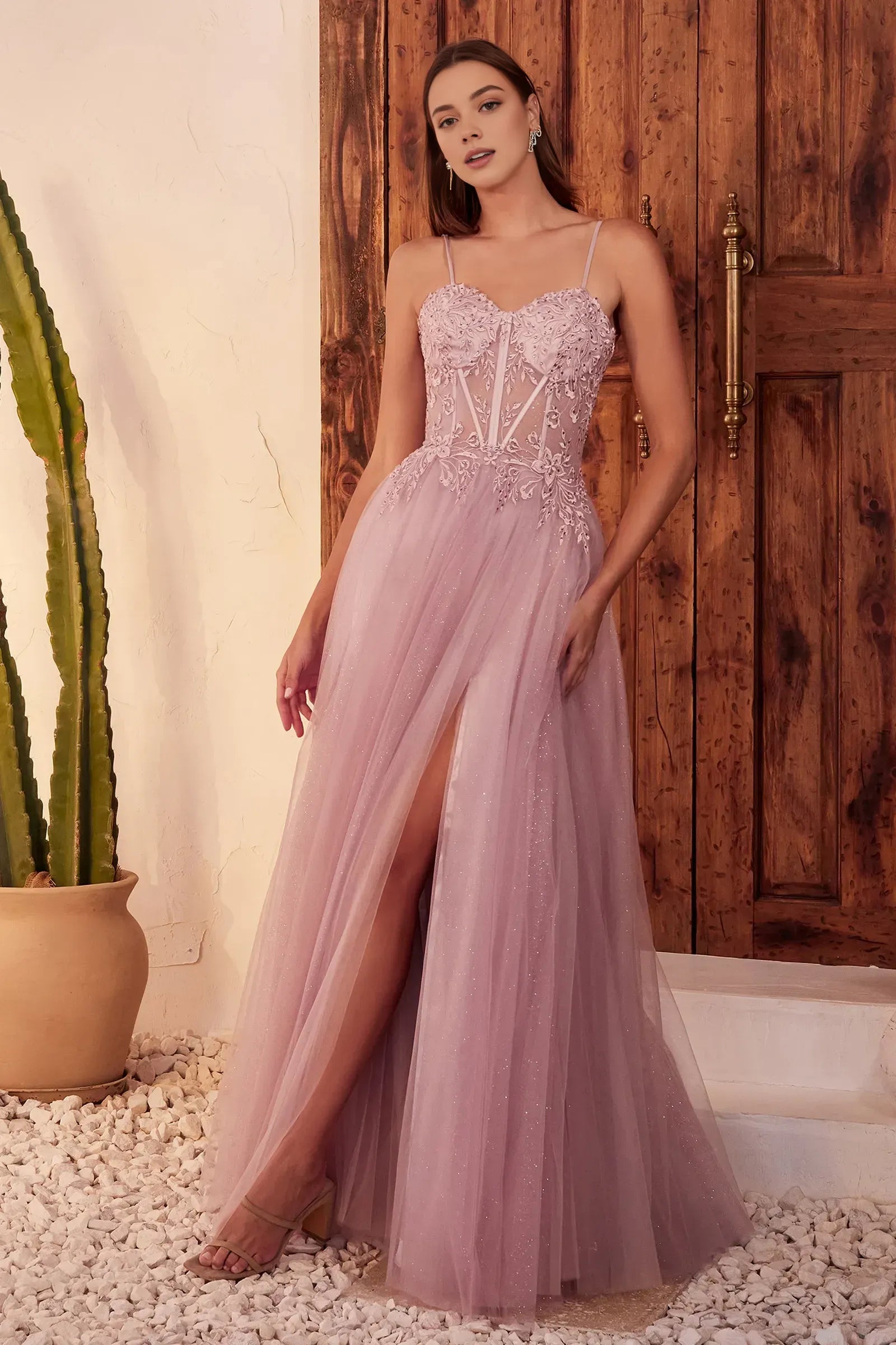 Spaghetti Straps A-line Appliques Floor-Length Prom Dress With Side Slit Lace Up Formal Tulle Evening Dresses for Ladies