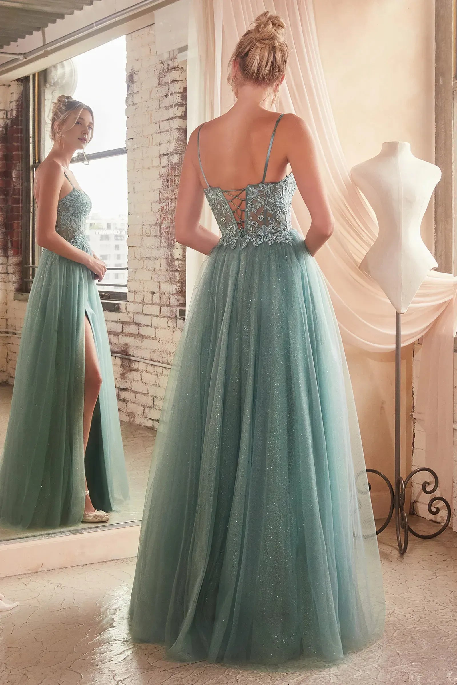 Spaghetti Straps A-line Appliques Floor-Length Prom Dress With Side Slit Lace Up Formal Tulle Evening Dresses for Ladies