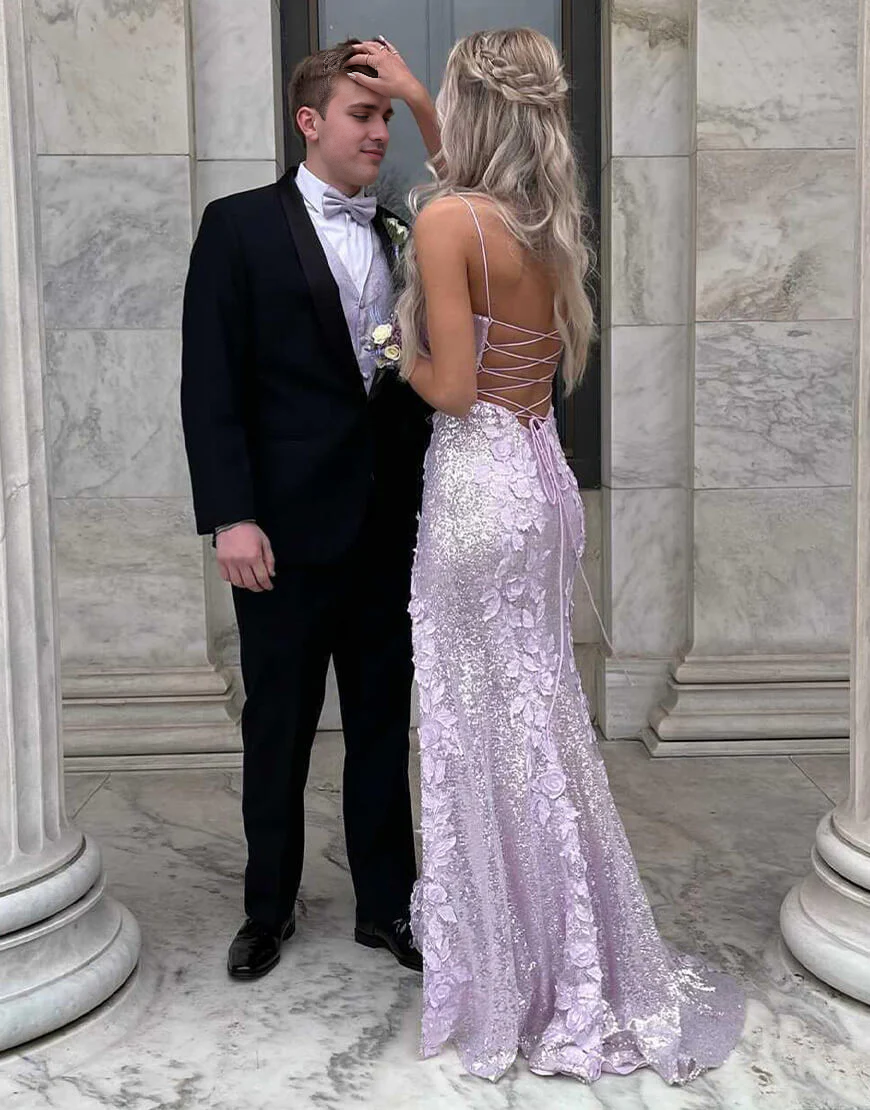 Robe de bal à bretelles spaghetti, dos nu, lacets, paillettes, fente latérale, avec fleurs 3D