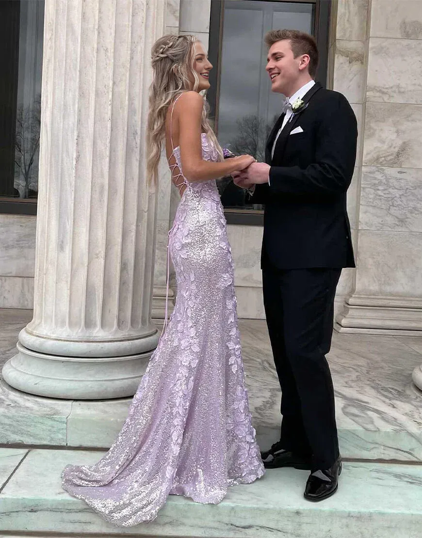 Robe de bal à bretelles spaghetti, dos nu, lacets, paillettes, fente latérale, avec fleurs 3D