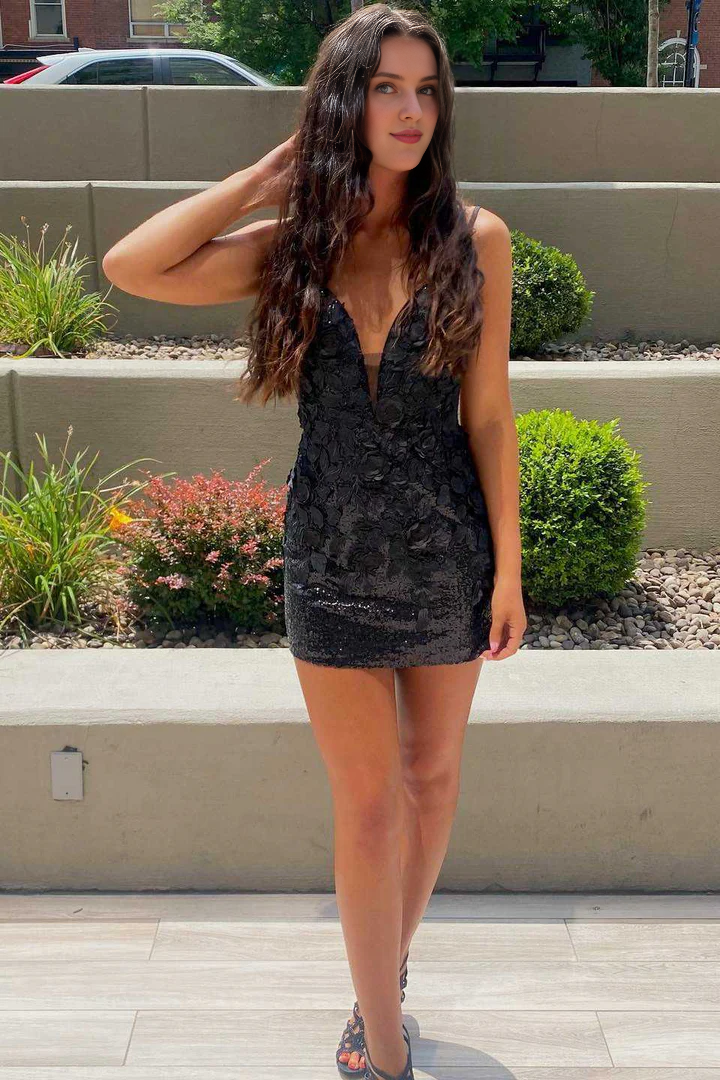 Spaghetti Straps Backless Sequin Bodycon Mini Party Homecoming Dress with Appliques