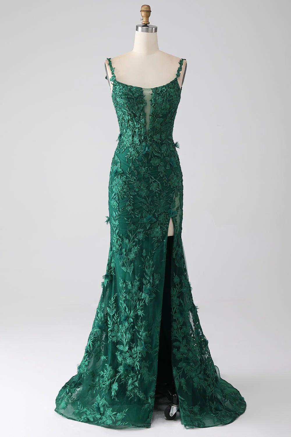 Robe de soirée sirène en dentelle vert foncé à bretelles spaghetti et dos nu, col en V, avec fente