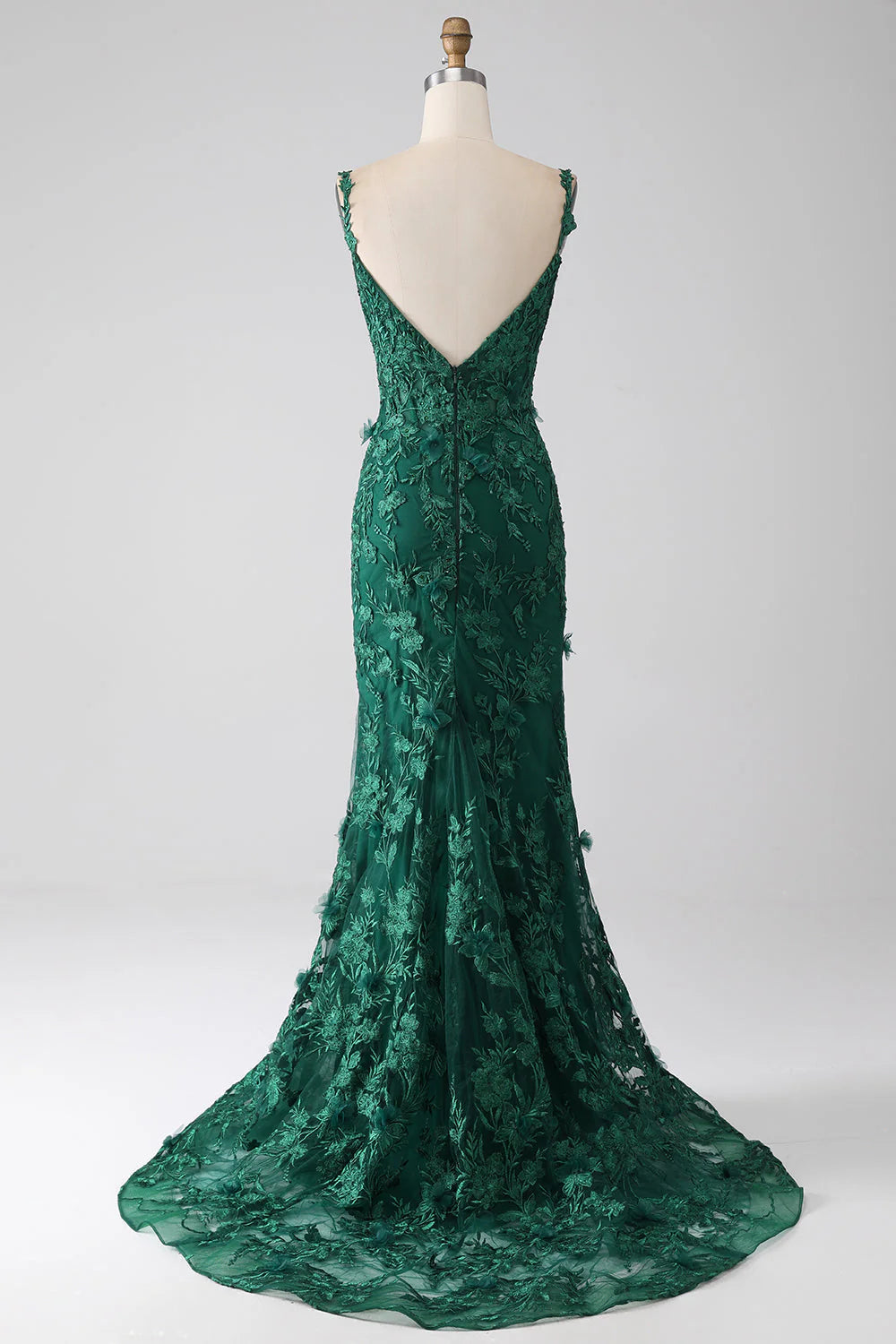 Robe de soirée sirène en dentelle vert foncé à bretelles spaghetti et dos nu, col en V, avec fente