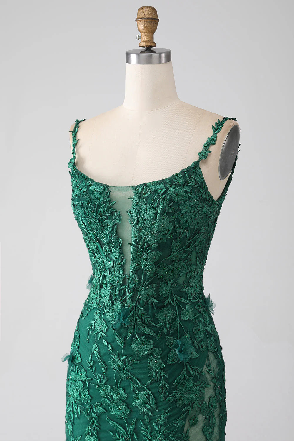 Robe de soirée sirène en dentelle vert foncé à bretelles spaghetti et dos nu, col en V, avec fente