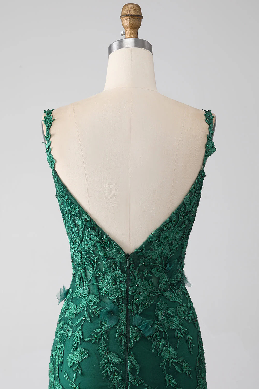 Robe de soirée sirène en dentelle vert foncé à bretelles spaghetti et dos nu, col en V, avec fente