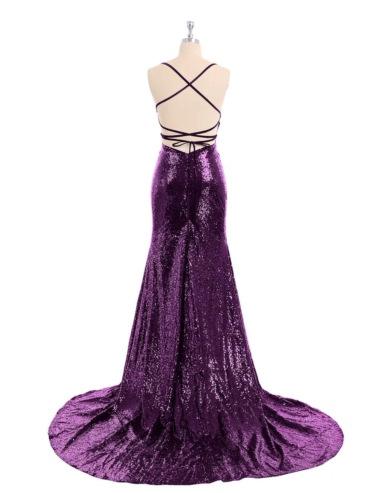 Robe de bal sirène sans manches à bretelles spaghetti et dos nu avec traîne à paillettes 