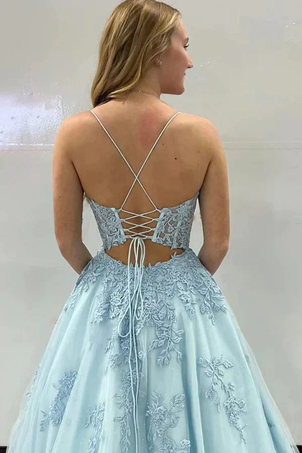 Prom Dresses Stores A Line Spaghetti Straps Corset Back Long Prom Dress With Appliques Formal Women's Dresses