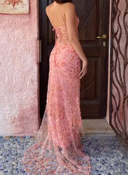 Vestido de noche elegante de encaje con tirantes finos para mujer, vestido sexy sin mangas y sin espalda para mujer 