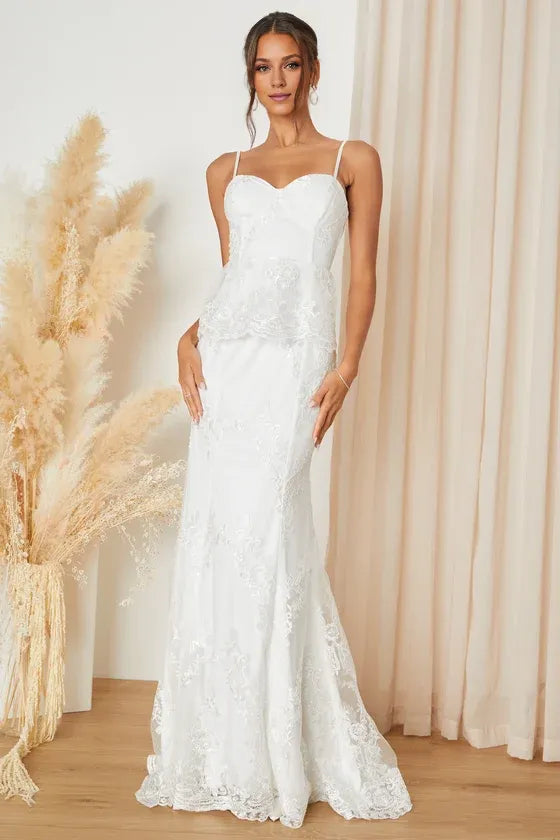 Robe de mariée sirène à bretelles spaghetti et bustier en dentelle blanche éternelle, longueur au sol