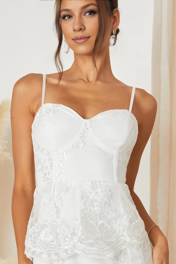Spaghetti Straps Eternal White Lace Bustier Peplum Mermaid Wedding Gown With Floor Length