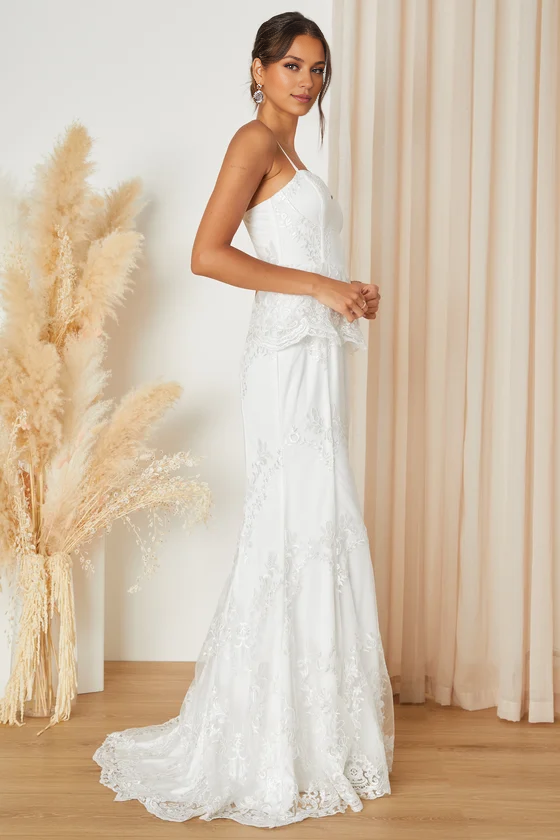 Spaghetti Straps Eternal White Lace Bustier Peplum Mermaid Wedding Gown With Floor Length