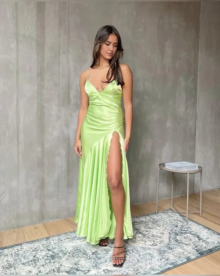 Weitese Formal Women's Dresses Light Green Backless High Slit Spaghetti Straps Evening Dress Prom Party Dress Prom Clothing