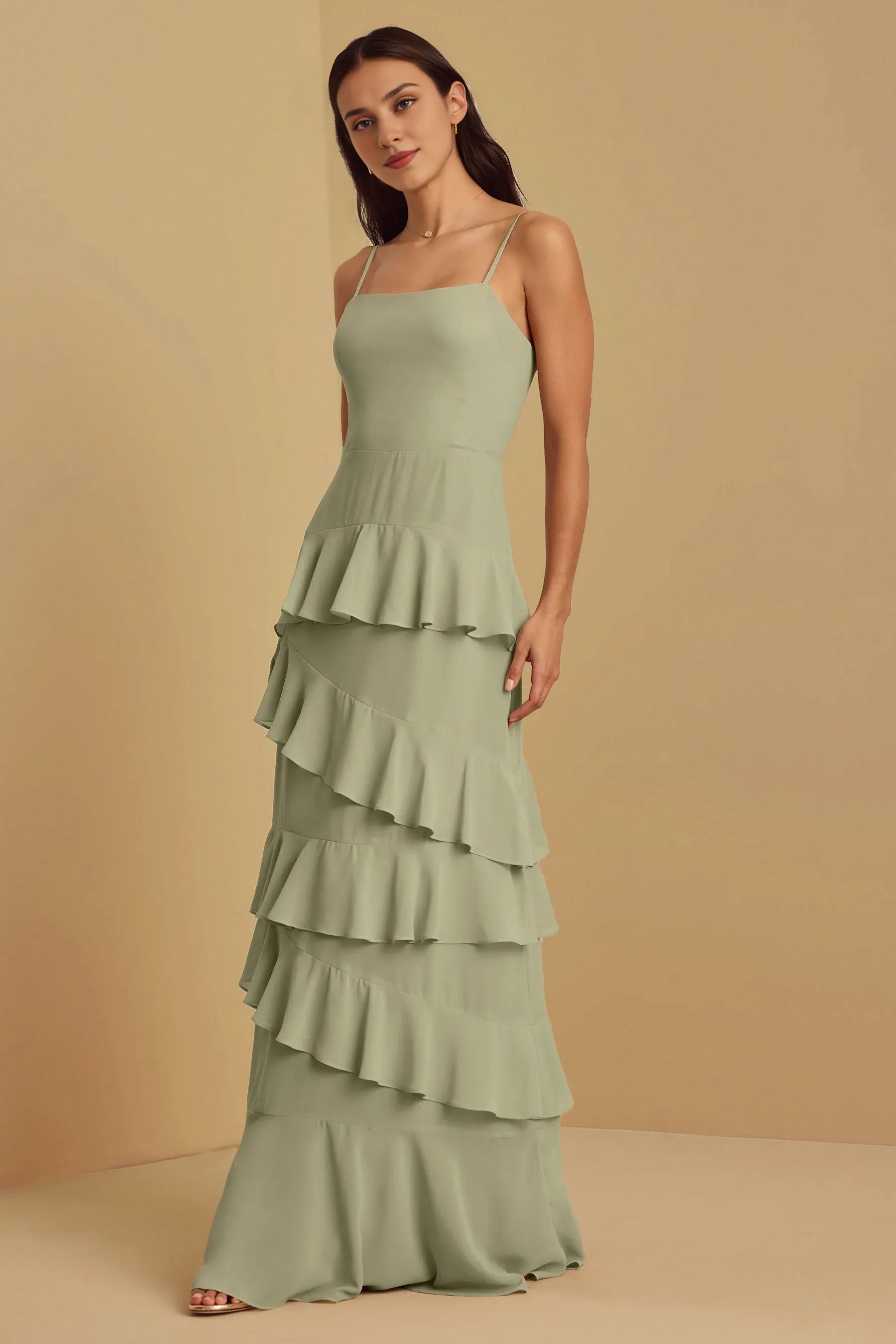 Weitese Formal Wear Dresses Sleeveless Chiffon  Spaghetti Straps Floor Length Bridesmaid Dress Stores With Prom Dresses With Tiered