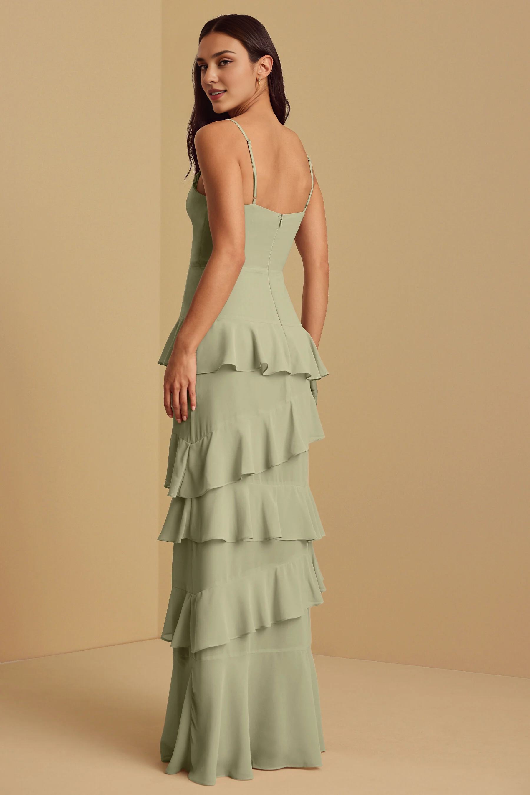 Weitese Formal Wear Dresses Sleeveless Chiffon  Spaghetti Straps Floor Length Bridesmaid Dress Stores With Prom Dresses With Tiered