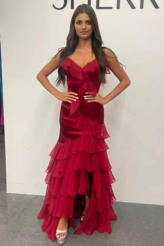 Spaghetti Straps Floor Length Green V-Neck Ruffle Long Prom Dress with Slit