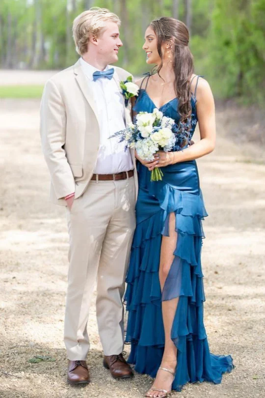 Spaghetti Straps Floor Length Green V-Neck Ruffle Long Prom Dress with Slit