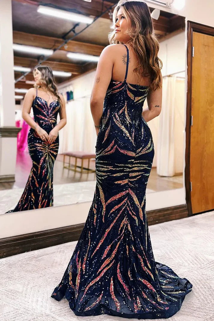 Robe de bal sirène longue en dentelle à bretelles spaghetti et paillettes 