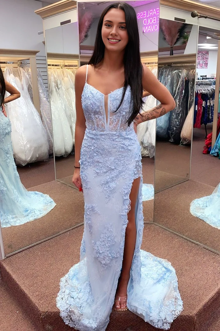 Vestido de fiesta largo de sirena con tirantes finos, encaje floral y cuello dividido con abertura 