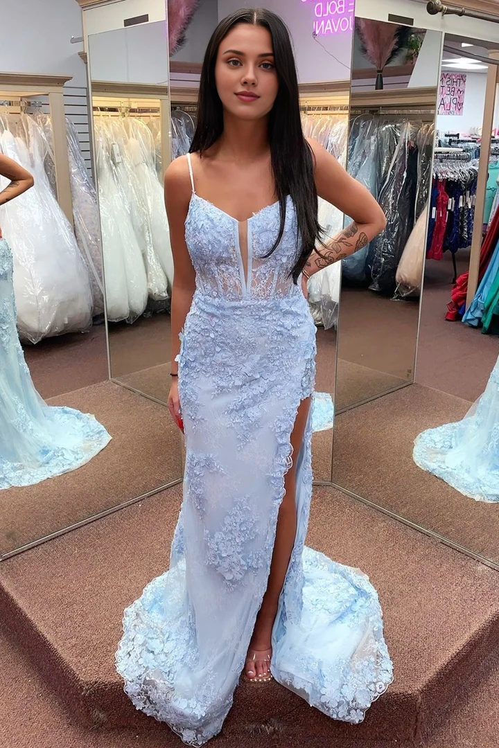 Vestido de fiesta largo de sirena con tirantes finos, encaje floral y cuello dividido con abertura 