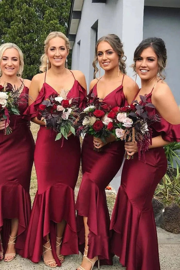 Spaghetti Straps High Low V Neck Mermaid Burgundy Bridesmaid Dress/Formal Women's Dresses