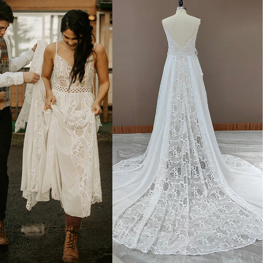 Robe de mariée bohème simple à bretelles spaghetti et col en V avec traîne 
