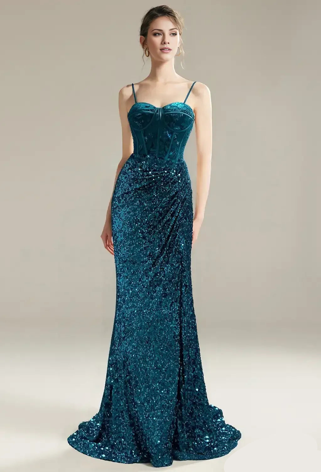 Mermaid Trumpet Spaghetti Straps Luxury Prom Dress Floor-Length Sleeveless Formal Evening Gown Cheap Sequin Evening Dresses