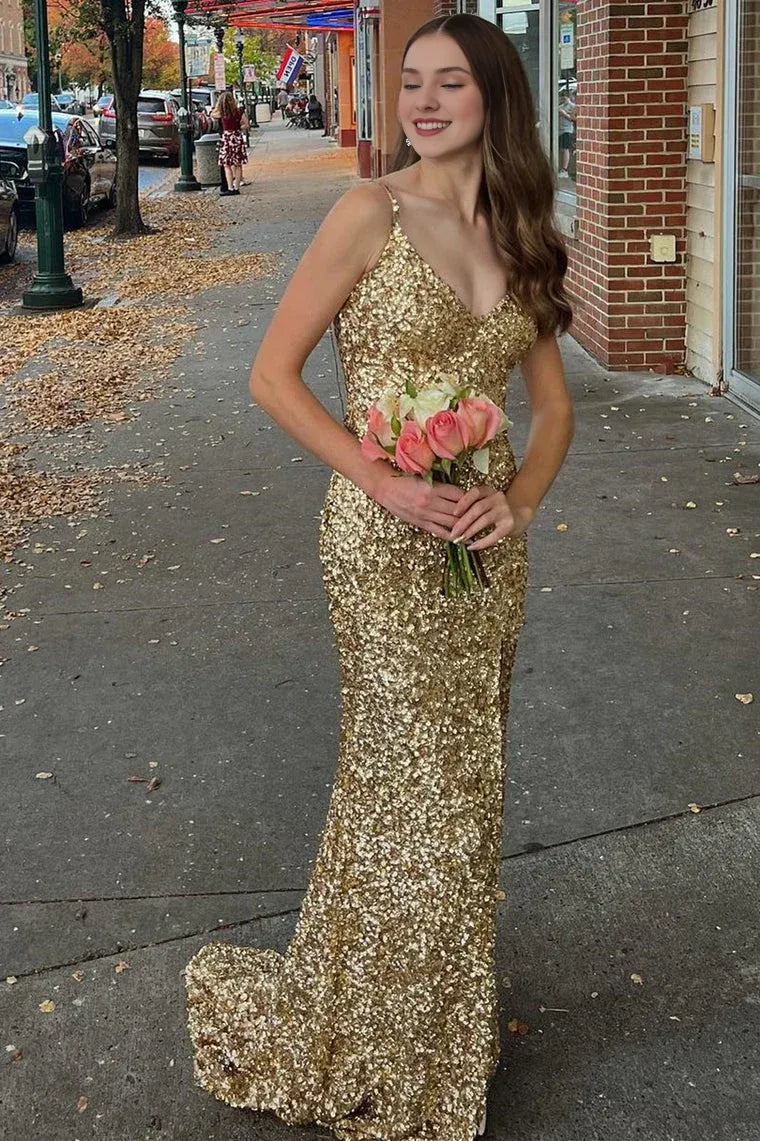 Robe de soirée sirène à bretelles spaghetti et paillettes dorées, longue, col en V, dos nu