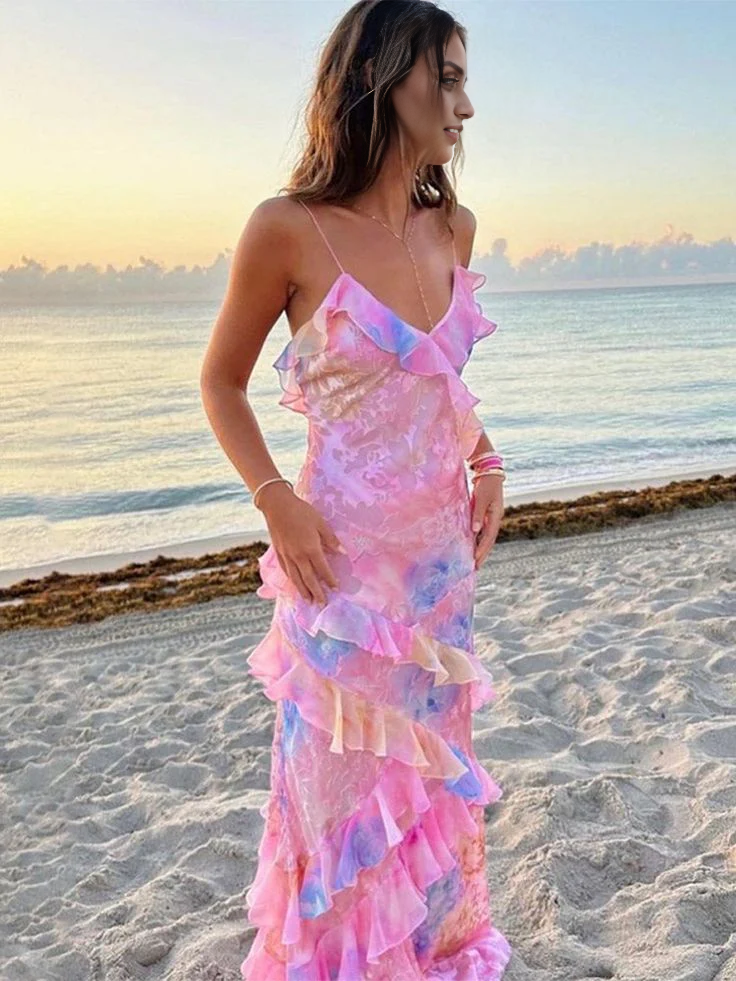 Vestido de noche largo rosa de sirena con tirantes finos 