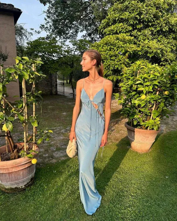 Robe de bal Weitese, robes de soirée longues en satin bleu à bretelles spaghetti, style sirène 