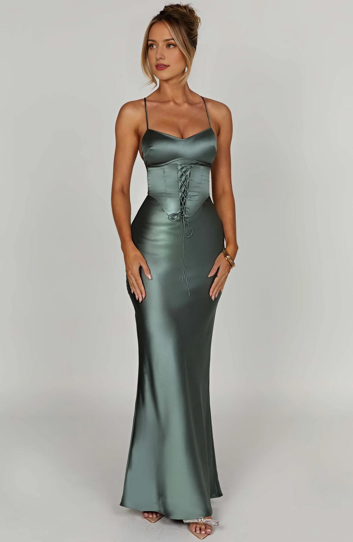 Spaghetti Straps Open Back Sleeveless Gorgeous Long Dress Feminine Corset Lace-up Prom Dress