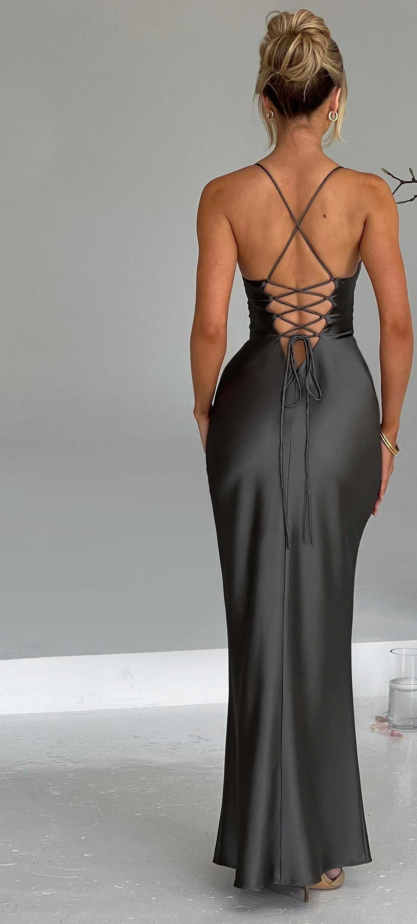 Spaghetti Straps Open Back Sleeveless Gorgeous Long Dress Feminine Corset Lace-up Prom Dress