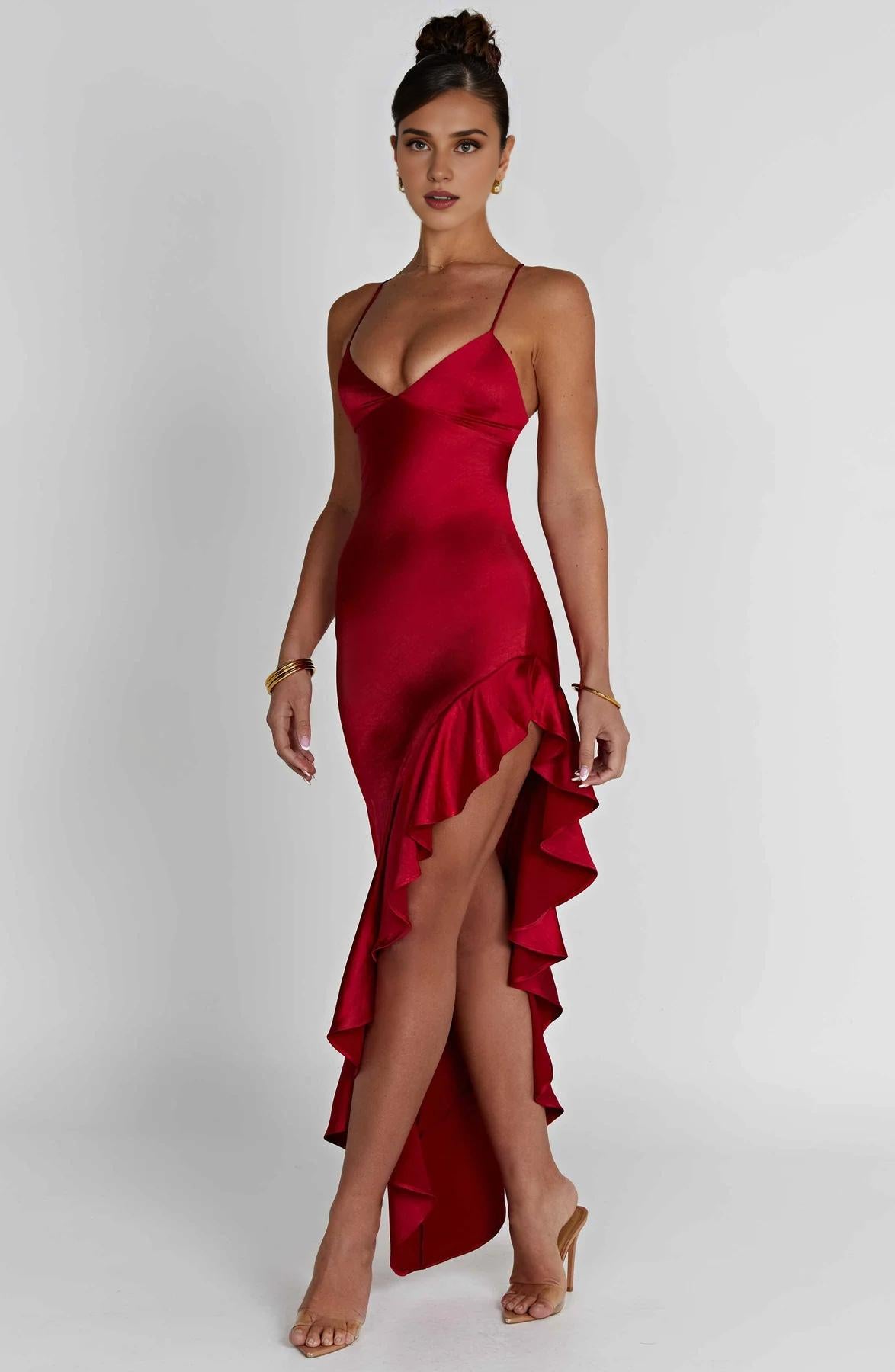 Spaghetti Straps Open Back  Women Dresses Sleeveless Sexy 's Ruffled Off Shoulder Red Prom Dress