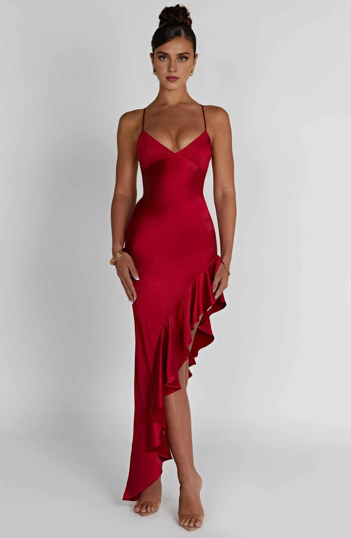 Spaghetti Straps Open Back  Women Dresses Sleeveless Sexy 's Ruffled Off Shoulder Red Prom Dress