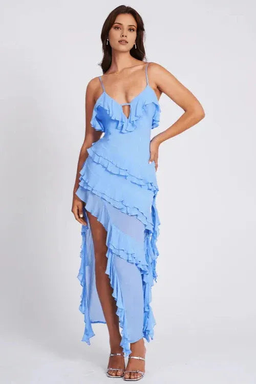 Spaghetti Straps Sky Blue Chiffon Ruffles Column With Side Slit Ankle Length Ruffles Tassels Fairy Dresses Sexy Waist Wrapping Dress For Women Summer Beach Holiday Dressing