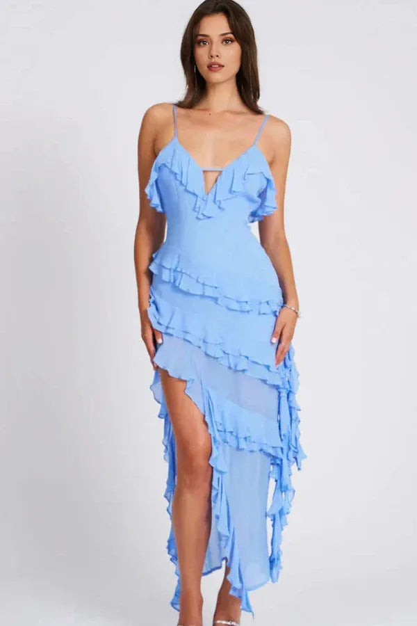 Spaghetti Straps Sky Blue Chiffon Ruffles Column With Side Slit Ankle Length Ruffles Tassels Fairy Dresses Sexy Waist Wrapping Dress For Women Summer Beach Holiday Dressing