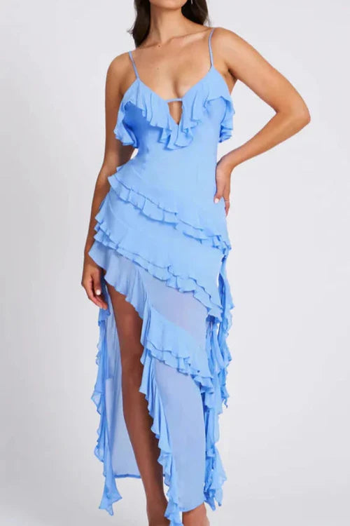Spaghetti Straps Sky Blue Chiffon Ruffles Column With Side Slit Ankle Length Ruffles Tassels Fairy Dresses Sexy Waist Wrapping Dress For Women Summer Beach Holiday Dressing
