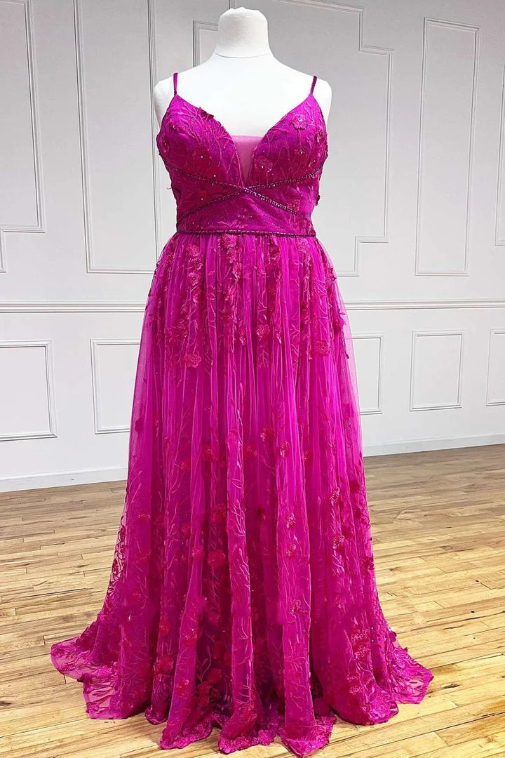 Robe de bal trapèze à bretelles spaghetti, sans manches, en dentelle florale, col en V 