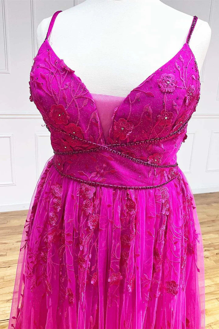 Robe de bal trapèze à bretelles spaghetti, sans manches, en dentelle florale, col en V 