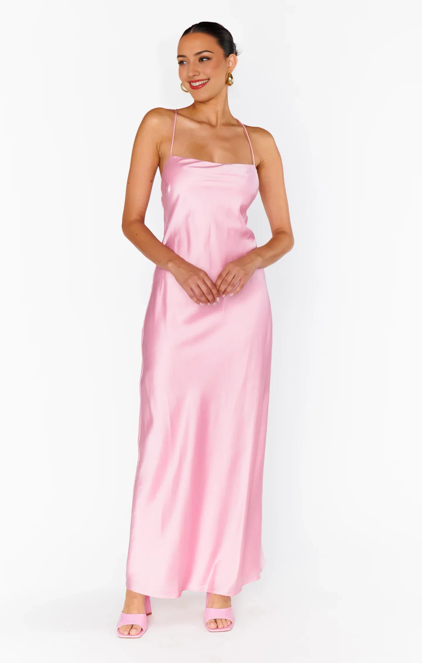 Weitese Dress Spaghetti Straps Square Neck Light Pink Maxi Dress Column Satin Solid Color Crisscross Back Simple Prom Dress