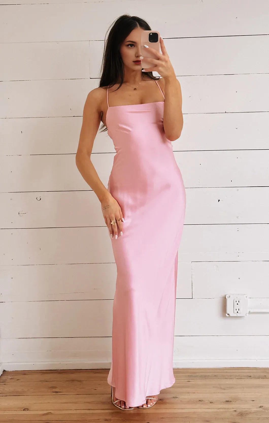 Weitese Dress Spaghetti Straps Square Neck Light Pink Maxi Dress Column Satin Solid Color Crisscross Back Simple Prom Dress