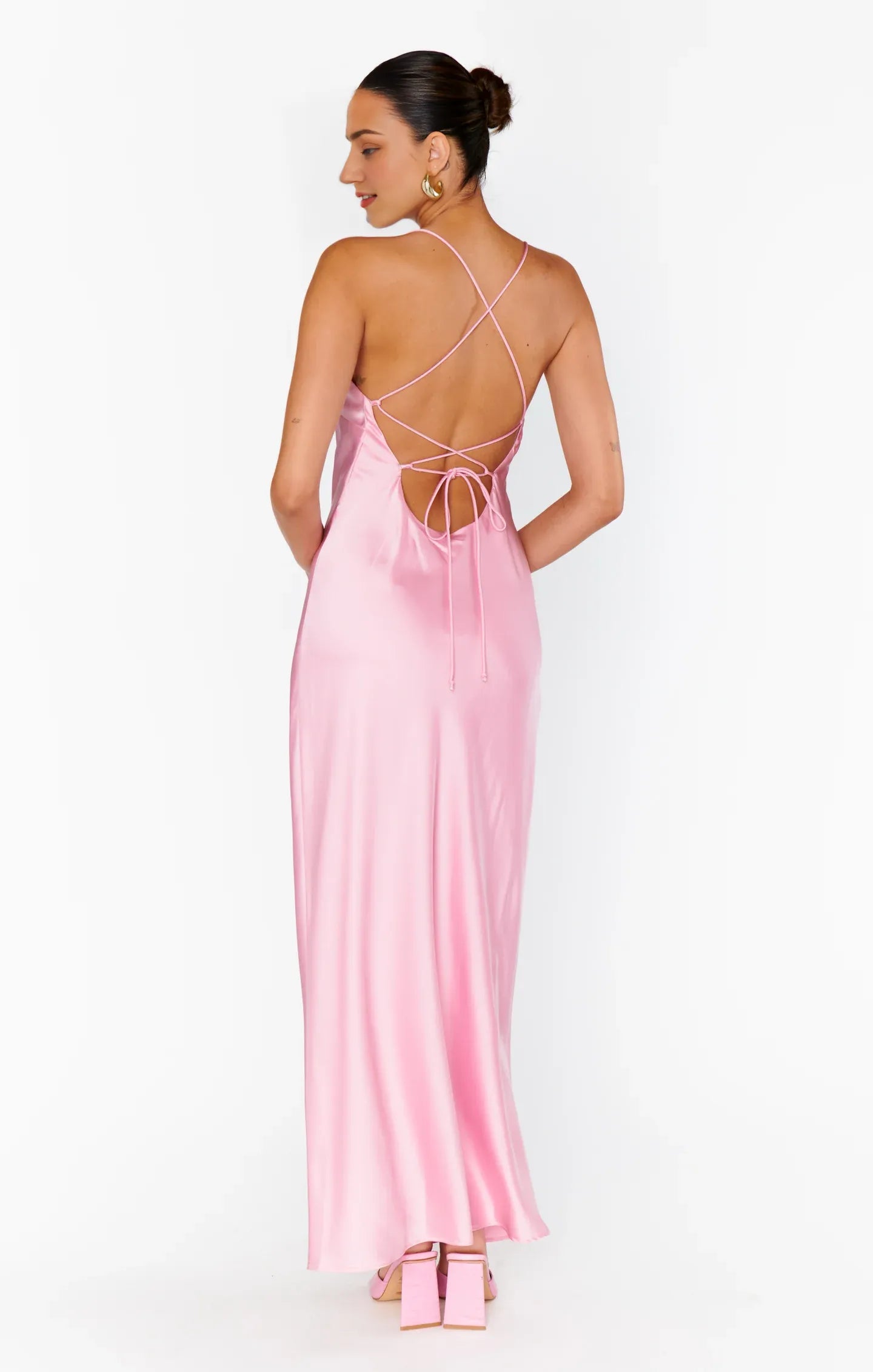Weitese Dress Spaghetti Straps Square Neck Light Pink Maxi Dress Column Satin Solid Color Crisscross Back Simple Prom Dress