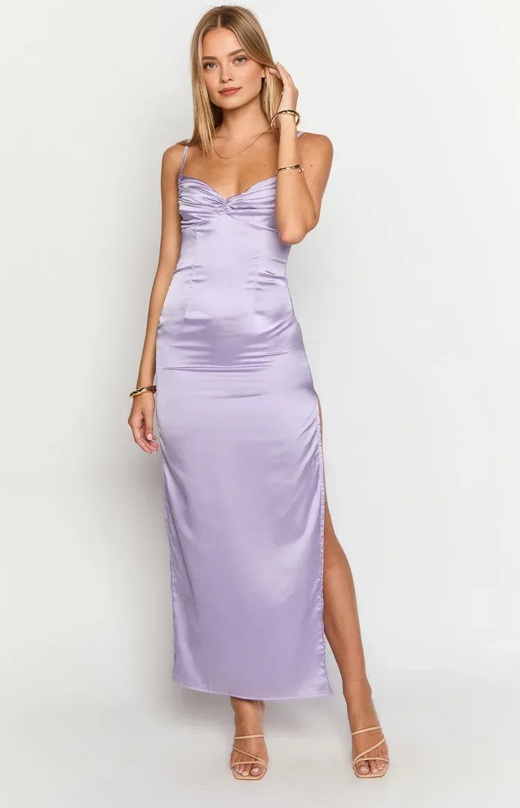 Vestidos de fiesta de graduación largos con tirantes finos, cuello en V, sin espalda, sin mangas, plisados, formales, elegantes, de satén, con abertura para damas 