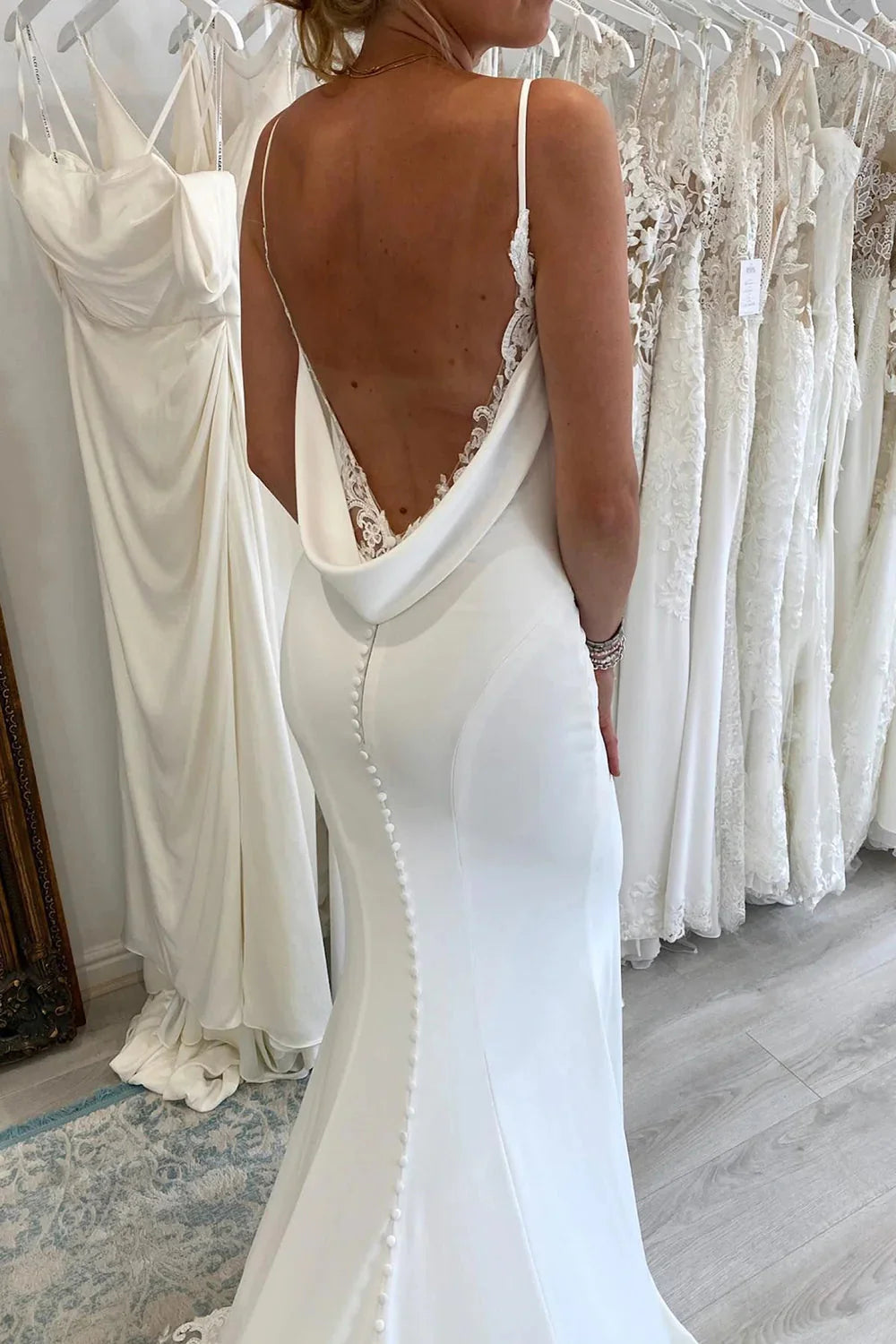 Spaghetti Straps V Neck Mermaid White Satin Train Lace Minimalist Wedding Dresses