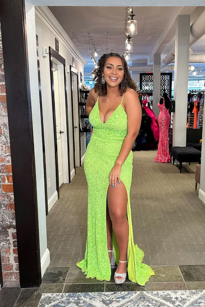 Spaghetti Straps V Neck Sequins Mermaid Sexy Long Prom Dresses