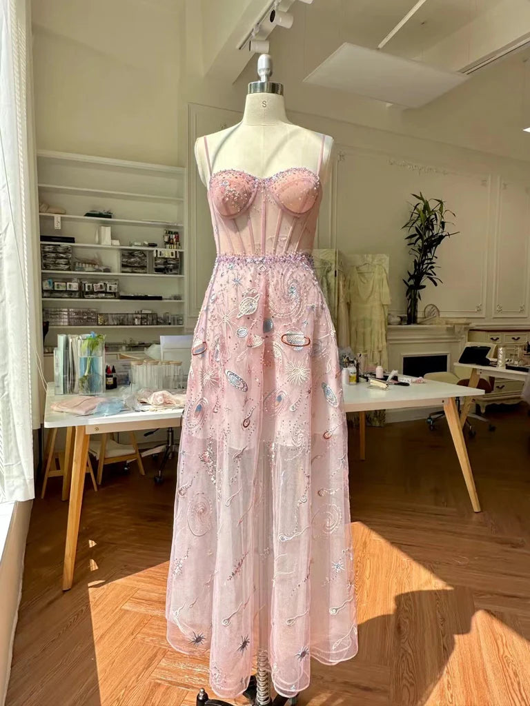 Vestidos de fiesta largos de encaje rosa con tirantes finos, corte A, tul, espalda descubierta