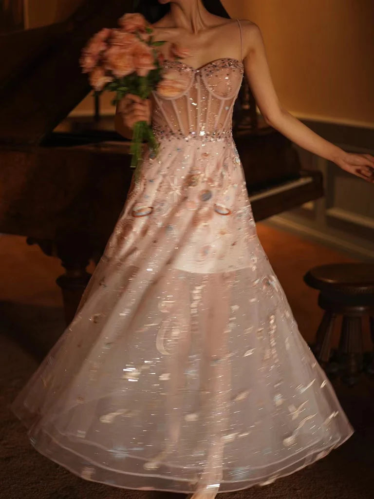 Vestidos de fiesta largos de encaje rosa con tirantes finos, corte A, tul, espalda descubierta