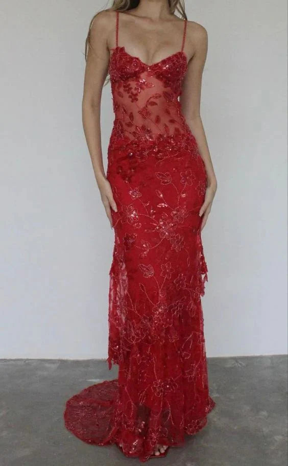 Spaghetti Straps Floor Length Charming Red Lace Sheath Long Prom Dress